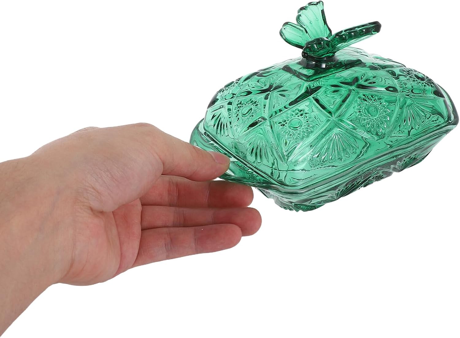 NUOBESTY Glass Covered Butter Dish with Lid and Knife Vintage Green Ribbon Design Airtight Glass Butter Tray for Refrigerator and Countertop Storage and Party Serving