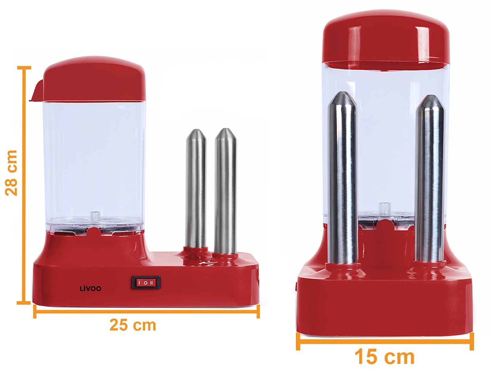 Hot Dog Maker für 6 Würstchen - Hot-Dog Maschine mit abnehmbaren Wärmebehälter - Würstchenwärmer mit Edelstahlspieße zur Brötchen Erwärmung – 340 Watt