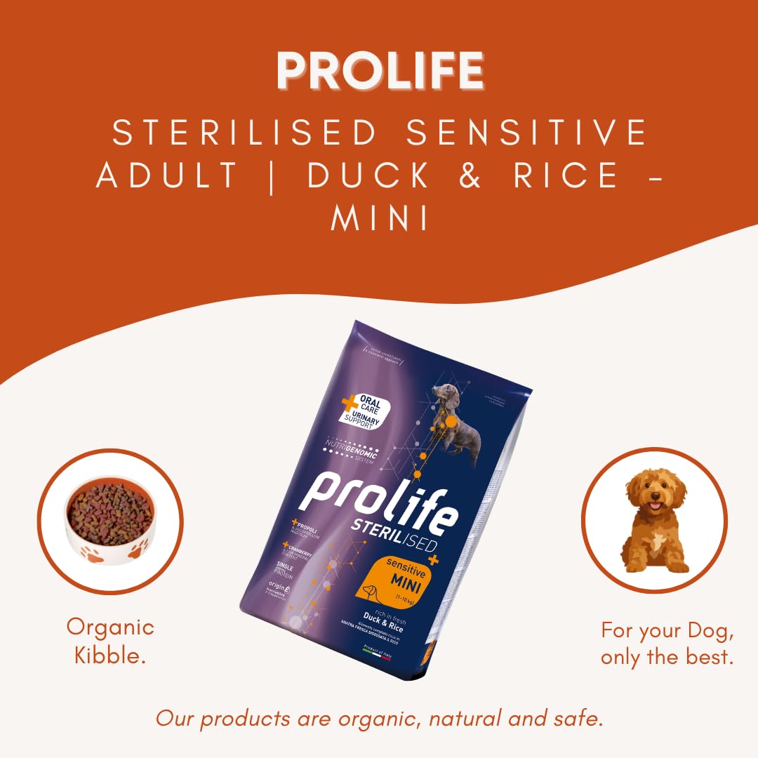 PROLIFE Cane Sterilised Sensitive Adult Duck & Rice - Mini | alimento secco completo per cani adulti sterilizzati e/o sensibili di taglia piccola, prodotto monoproteico, 1 confezione da 2kg.