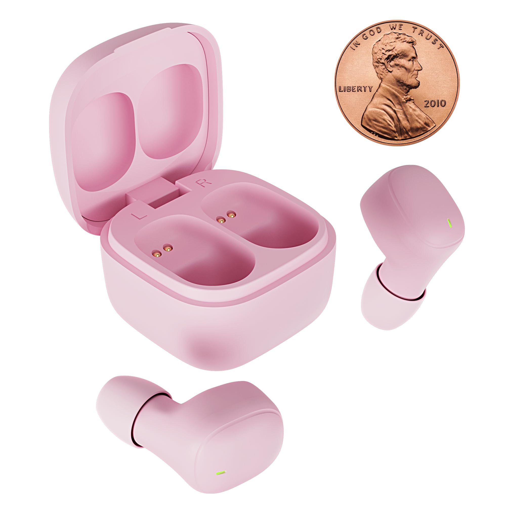 Mini Wireless Earbuds Bluetooth 5.3 Headphones, Small in-Ear Noise Isolating Ear Buds with Mic & Charging Case, 12 Hr Playtime Lightweight Invisible Headset for iPhone & Android – Pink