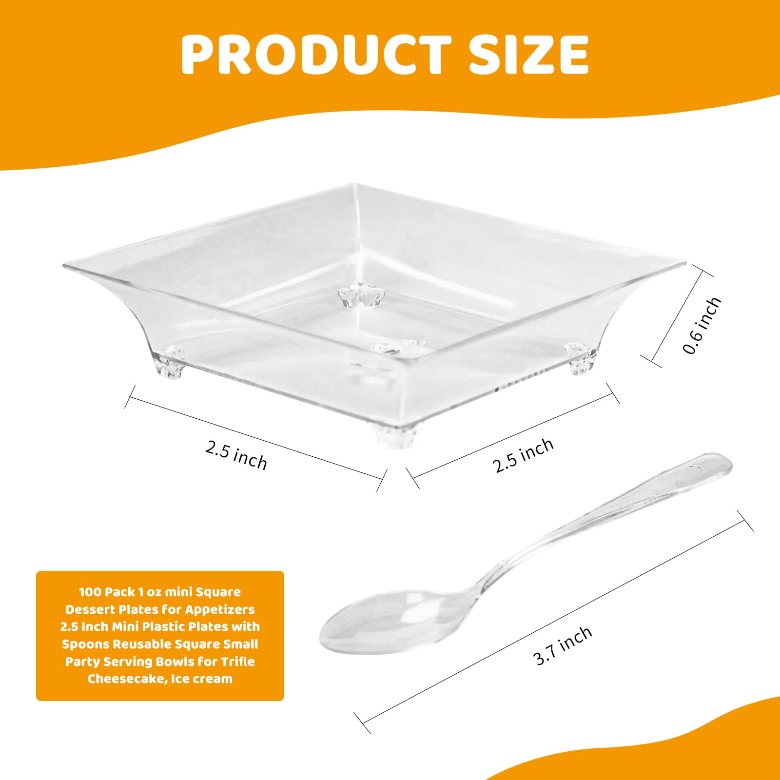 piopiocoing 100 Pack 1 oz mini Square Dessert Plates for Appetizers?Mini Plastic Plates with Spoons?Reusable Square Small Party Serving Bowls for Trifle, Cheesecake, Ice cream