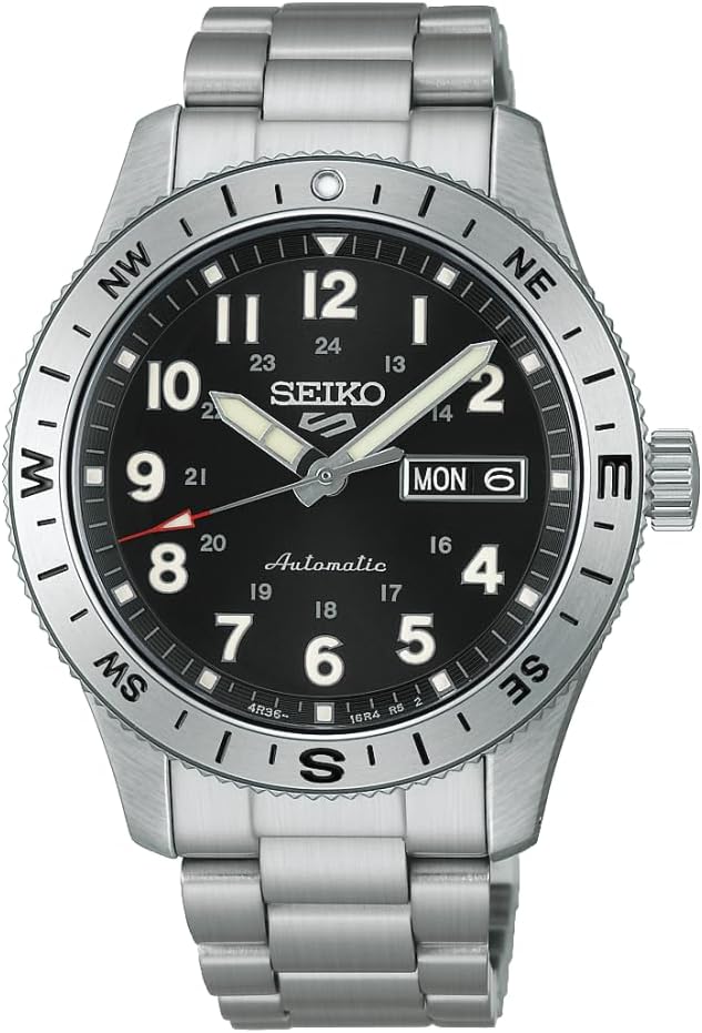 HDB006K1 Reloj automático 5 Sports Field para hombre, esfera negra, pulsera de acero inoxidable, visualización de fecha y día, cristal Hardlex, resistente al agua hasta 100 m