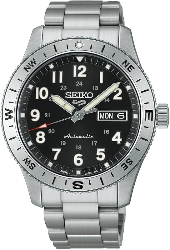 HDB006K1 Reloj automático 5 Sports Field para hombre, esfera negra, pulsera de acero inoxidable, visualización de fecha y día, cristal Hardlex, resistente al agua hasta 100 m