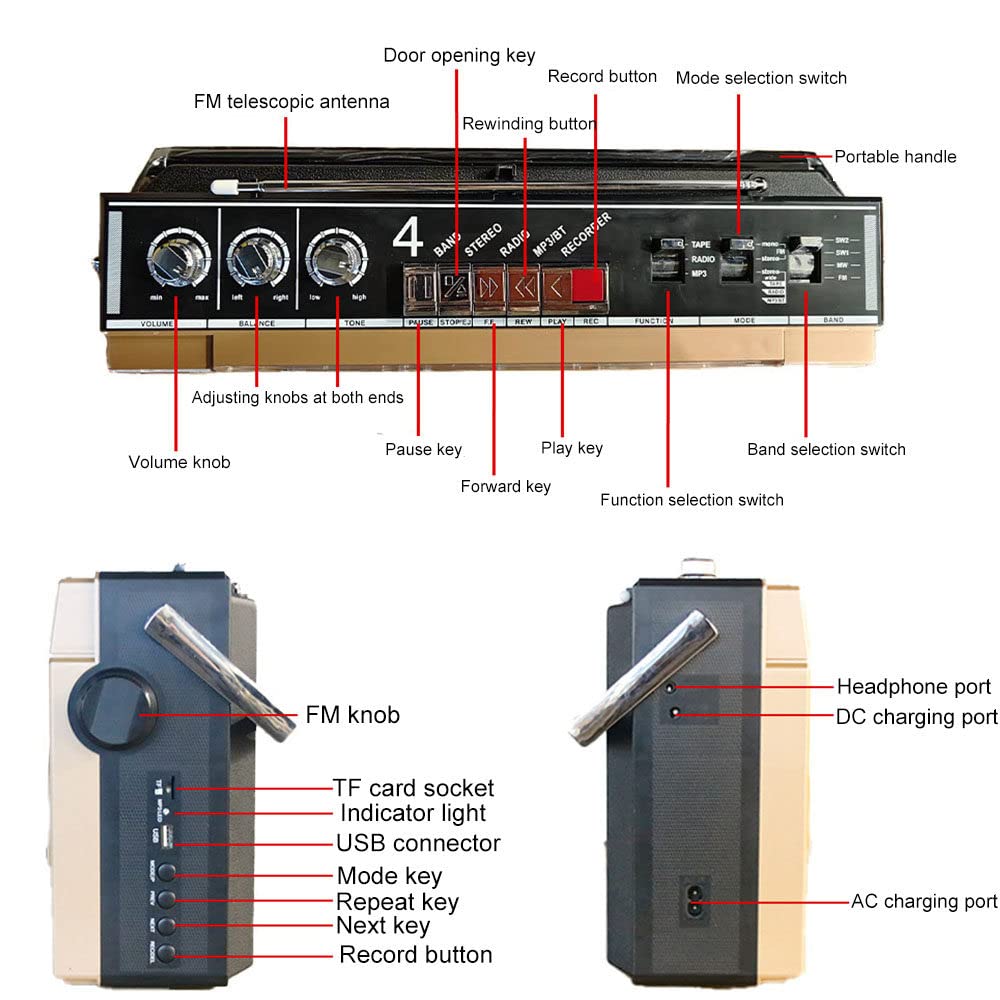 Odtwarzacz kasetowy CD z radiem FM, odtwarzaniem MP3 USB i Bluetooth – przenośny odtwarzacz CD Boombox z pilotem zdalnego sterowania, gniazdem słuchawkowym i wejściem pomocniczym