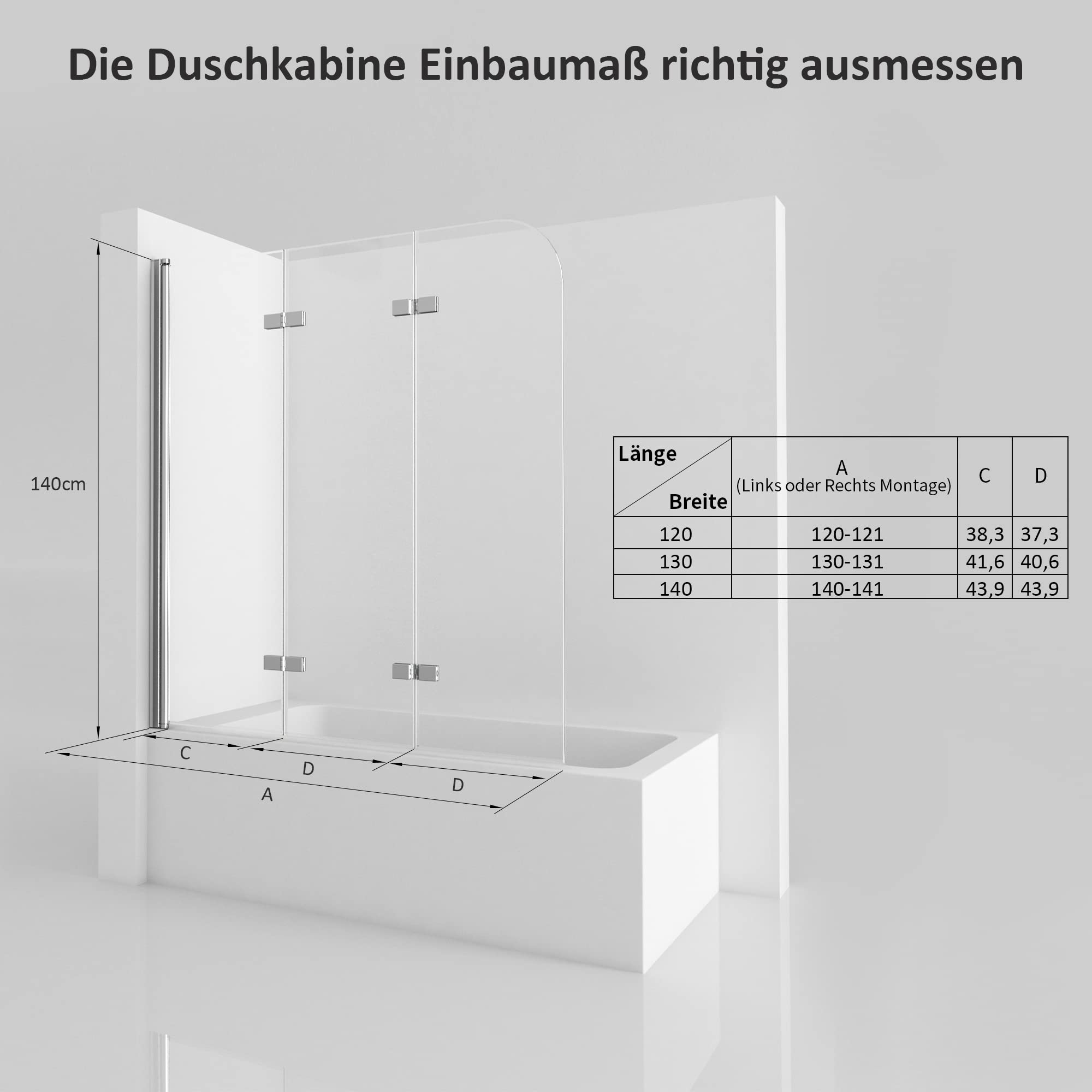 Duschwand für Badewannen 140 x 140 cm 3 teilig faltbar Duschabtrennung Sicherheitsglas hell Nano 6mm Glas Duschwand Duschabtrennung