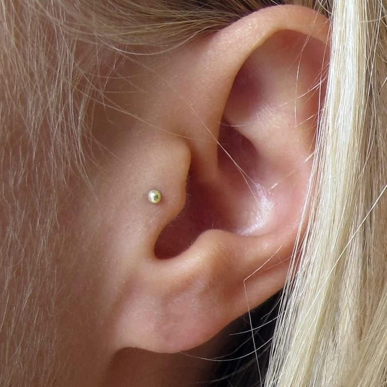 JewelryWeb - Solid 14k Yellow or White Gold 16G 3mm Ball Labret Tragus Ear Lip Ring Stud - Internally Threaded Piercing - Flat Back Cartilage Stud - Hypoallergenic - Image 3