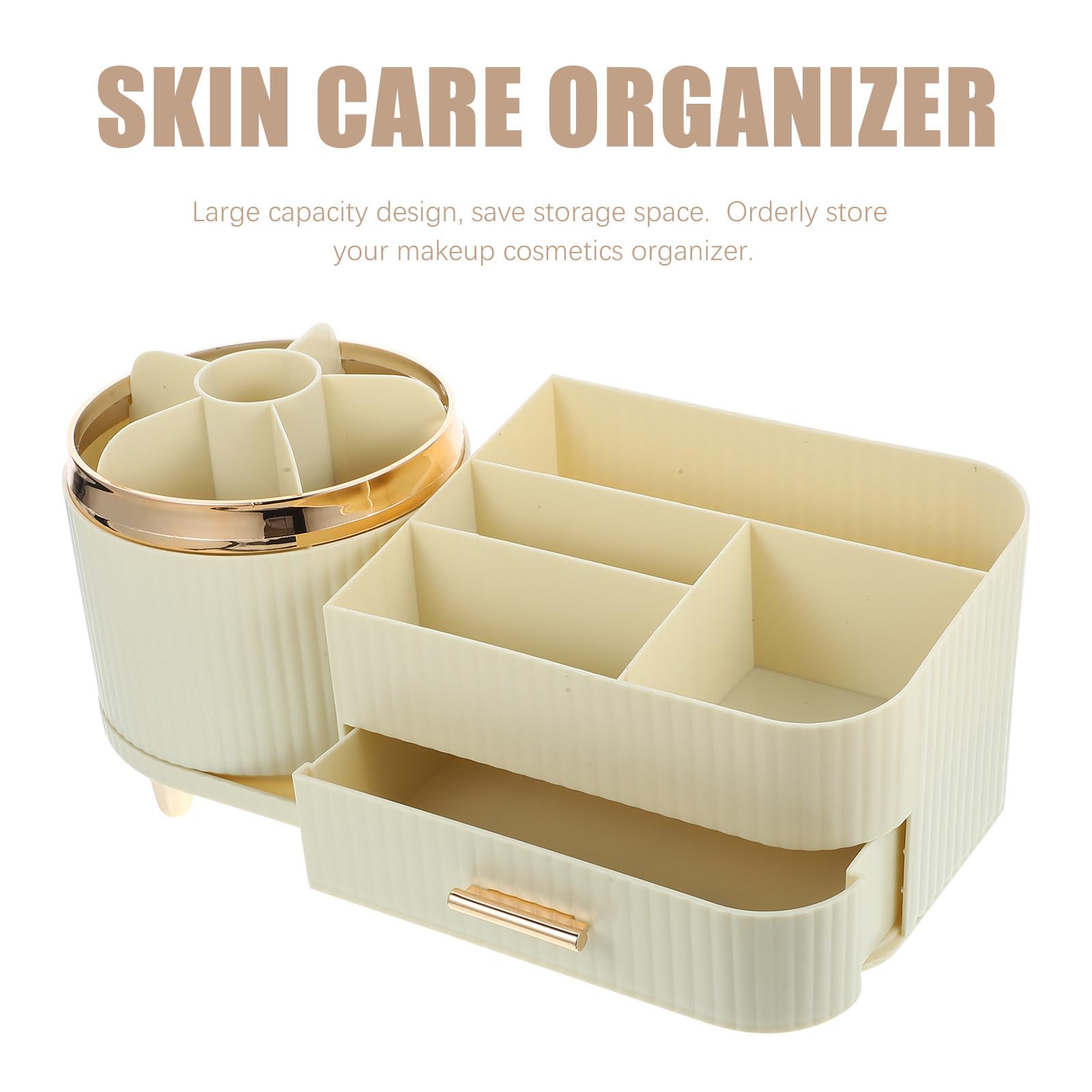 Organizzatore Trucco Rotante da Tavolo in Pet Beige, Grande Capacità, Contenitore Cosmetico per Camere da Letto e Bagni, per Accessori Ordinati
