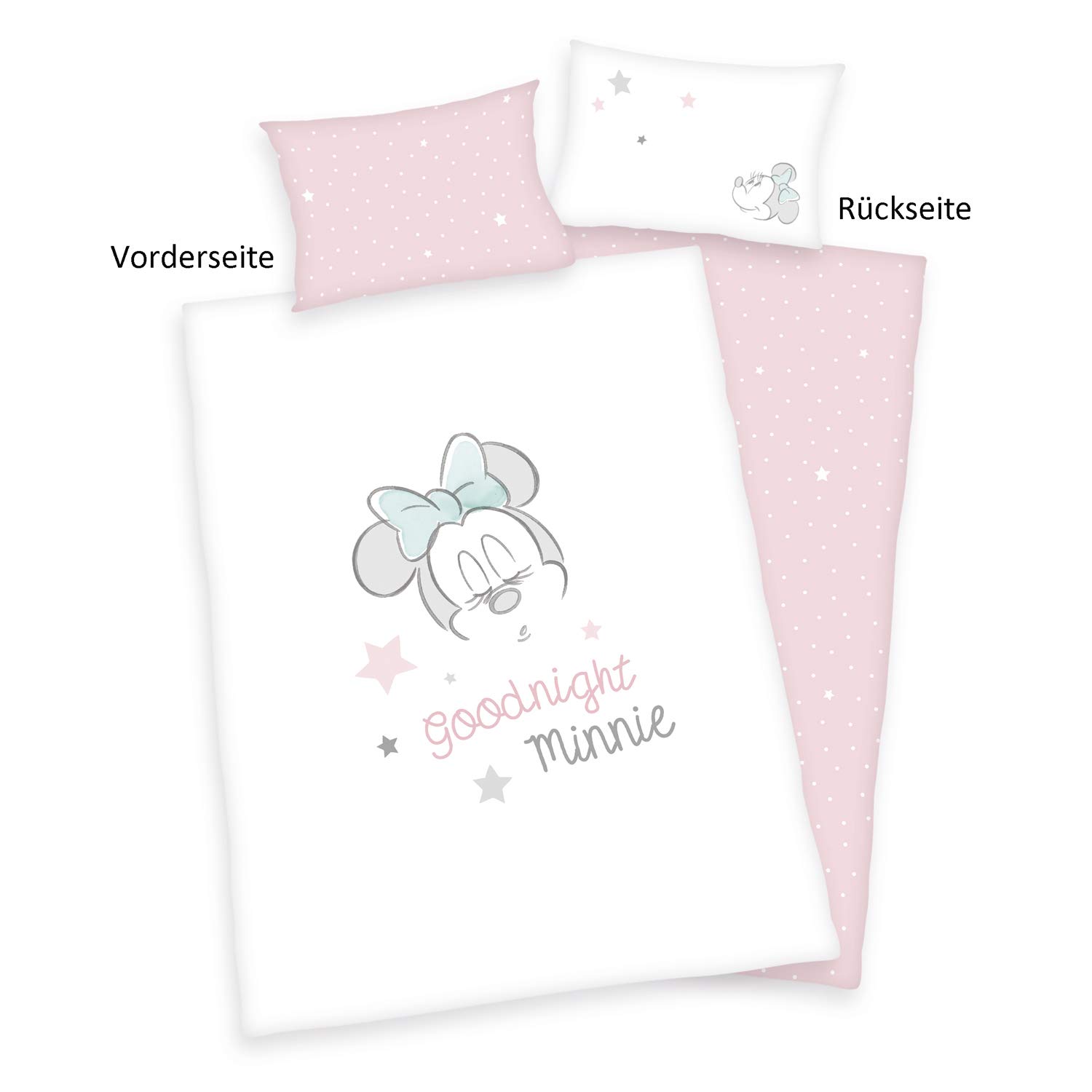 Herding Minnie Mouse zestaw pościeli organicznej, certyfikat GOTS, dwustronny motyw, poszewka na poduszkę 40 x 60 cm z zakładką hotelową, poszewka na kołdrę 100 x 135 cm, z lekkim zamkiem błyskawicznym, bawełna/bawełna renforcé