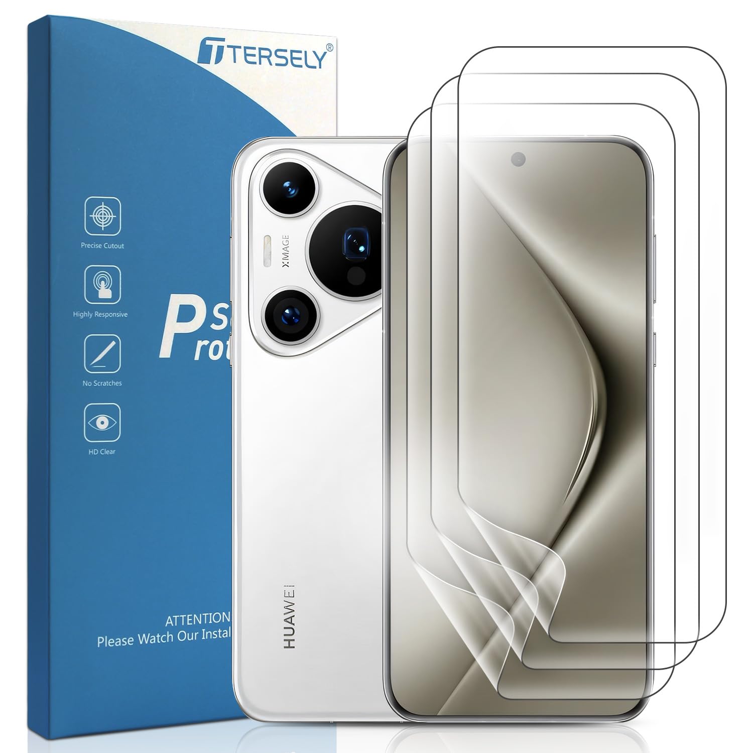 T Tersely 【3 Pack】 Screen Protector for Huawei P70 Pro, Support Fingerprint Unlock Full Cover HYDROGEL Aqua Screen Protector Curved for Huawei P70 Pro