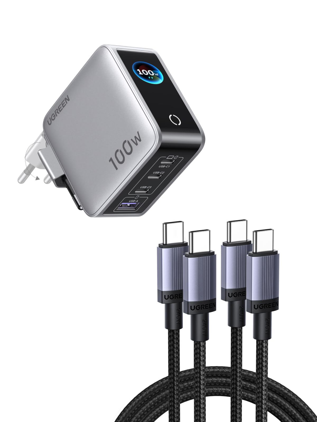 UGREEN Nexode Pro 100W Chargeur Rapide USB C 4 Ports avec Écran Intelligent avec UGREEN Lot de 2 Câble USB C PD 3.1 5A 48V 240W Charge Rapide (2M)