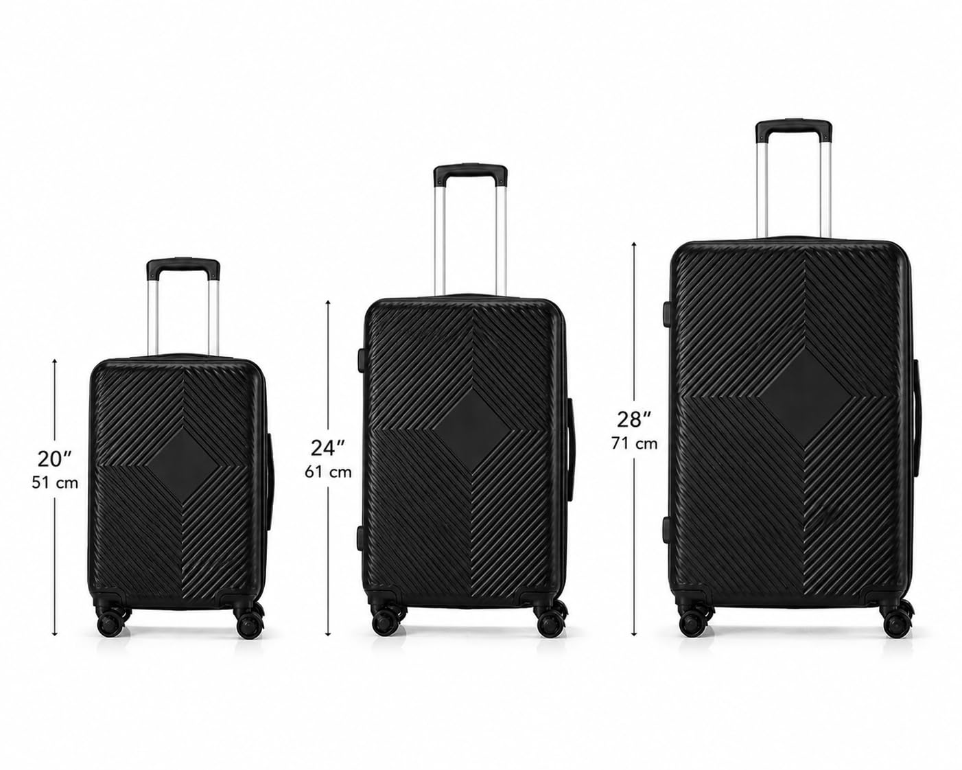 Set Valigie Rigide 3 Pezzi ABS Nero – Trolley Cabina 20”, Media 24”, Grande 28” – Ruote 360°, Lucchetto TSA, Manico Telescopico – Leggere, Resistenti, Valigie Viaggio