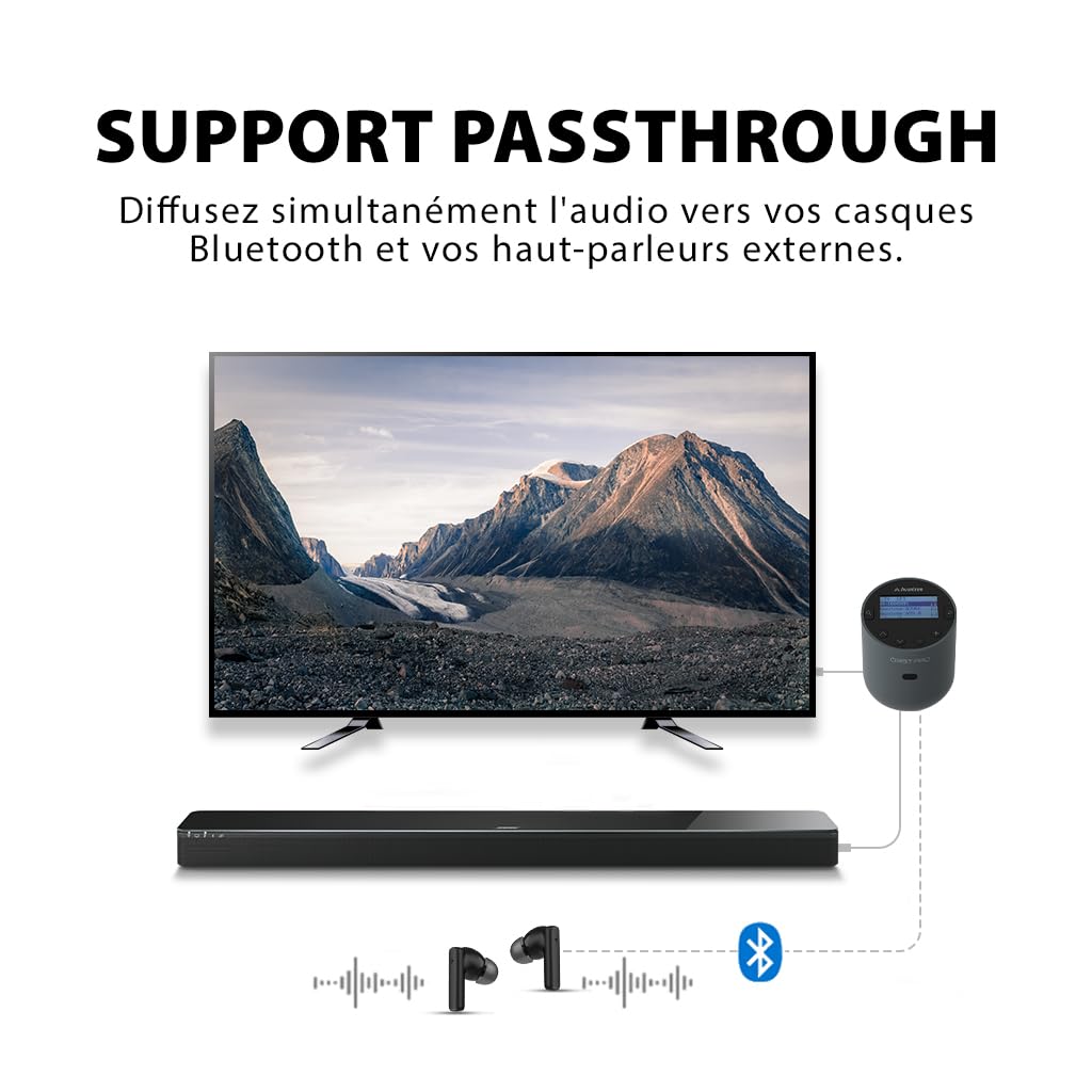 Avantree Orbit Pro - Émetteur Bluetooth pour TV avec Sortie Audio Optique ou AUX (INCL. Smart TVs), Son Surround, Contrôle Facile du Volume pour AirPods & Autres Casques