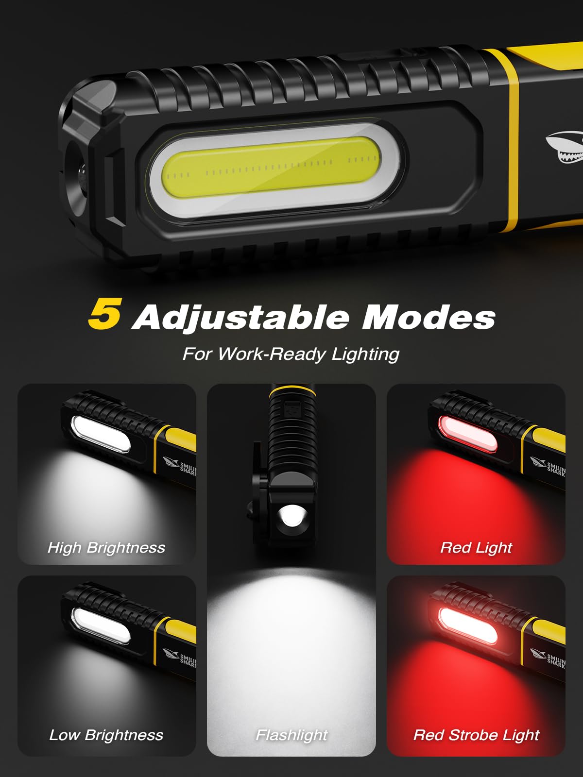 Smiling Shark Lampada di Lavoro, Lampade di Ispezione Torcia Magnetica 1200 mAh Ricaricabile 5 Modalità Luminose Portatile Lampada da Officina con Gancio e Clip per Riparazione Campeggio (2 Pezzi)