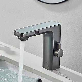Yalsfowe Touchless Bathroom Faucet, Smart Sensor Bathroom Faucet, Temperature Digital Display Basin Faucet, Bathroom Sink Faucet, Single Hole Bathroom Faucet, Bathroom Mixer Tap,Gray