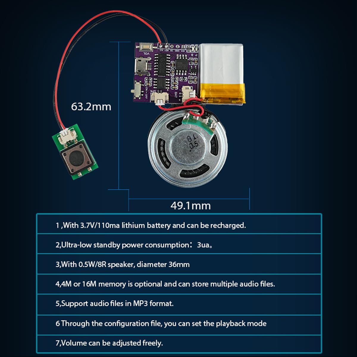 JRGKJCP Sound Module,16MB Push Button Control Activated Vioce Chips, MP3 Music Sound Module for Crafts, Christmas,New Year Greeting Gifts Cards Box with Speaker Lithium Battery Powered and USB Cable.
