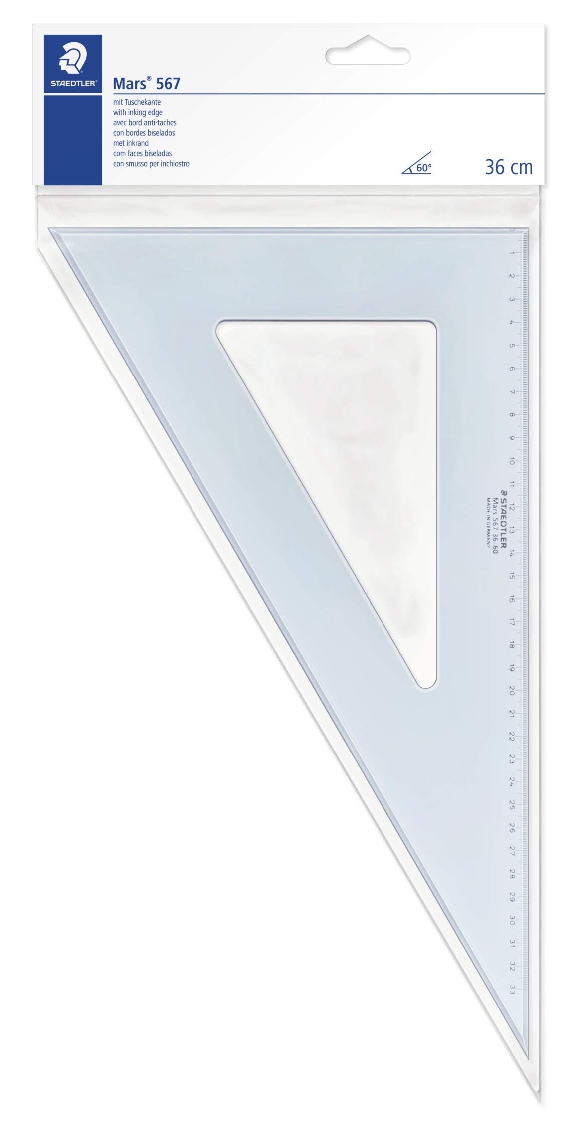Staedtler 567 36-60 Squadra da 36 cm, 60/30 & STAEDTLER Mars 567, squadra da disegno di plastica blu trasparente, 45 gradi di angolo e 36 centimetri di ipotenusa, 567 36-45