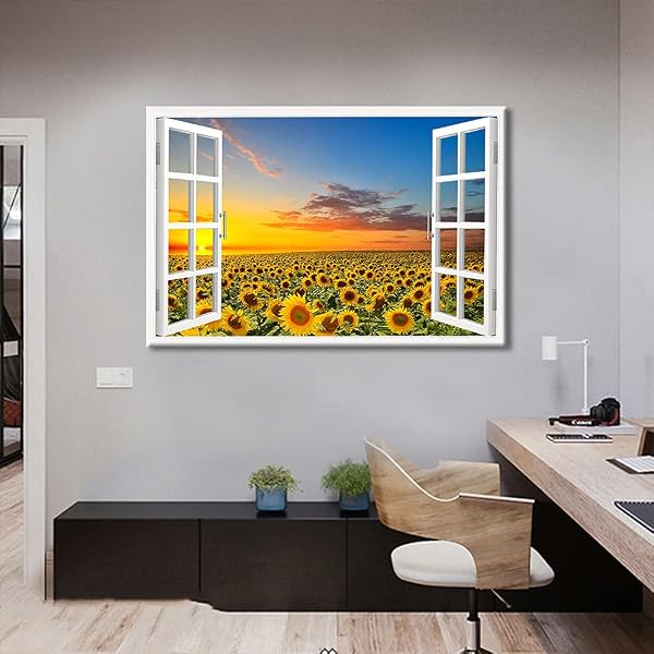 TISHIRON Wall Decorations Sunflower 3D Window View for Living Room Painting Pictures Print On Canvas Wall Art Wooden Frame Ready to Hang (36X24in) - 2