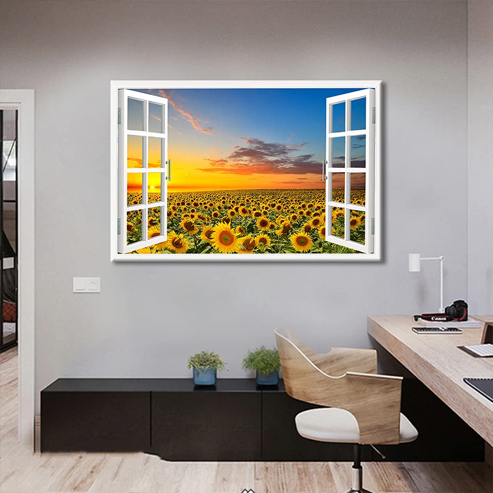 TISHIRON Wall Decorations Sunflower 3D Window View for Living Room Painting Pictures Print On Canvas Wall Art Wooden Frame Ready to Hang (36X24in) — view 2