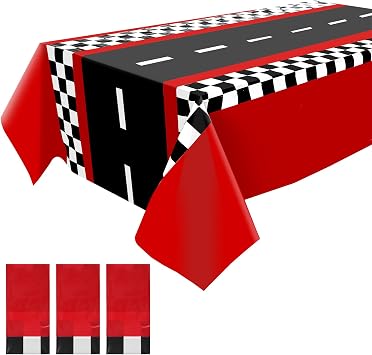 3PCS Red Racing Car Plastic Tablecloths, Checkered 54In X 108In | Race Car Birthday Party Decorations, Race Car Themed Rectangular Tablecloths for Motocross Bike Celebration Decor Baby Shower