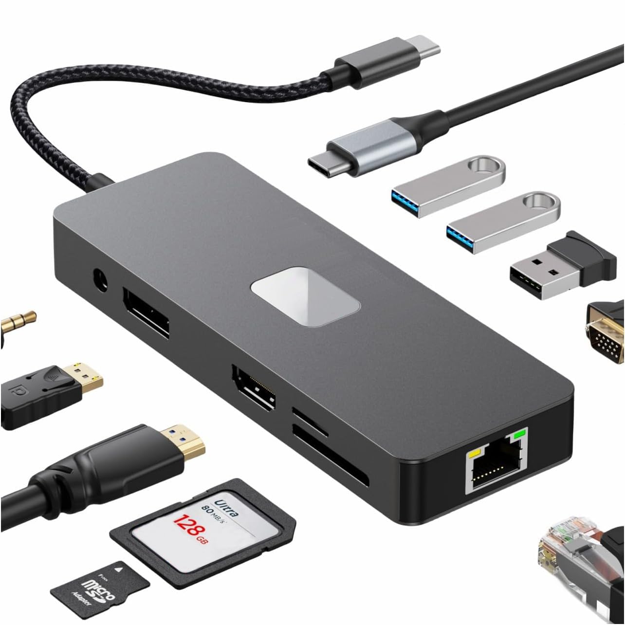 Docking Station, 11 in 1 Hub USB C HDMI 4K, DisplayPort, VGA, 3 Puertos USB 3.2, 100W PD, Gigabit Ethernet RJ45, Audio, Lector de Tarjetas SD/TF per MacBook Pro Air iPhone 16 Windows Surface
