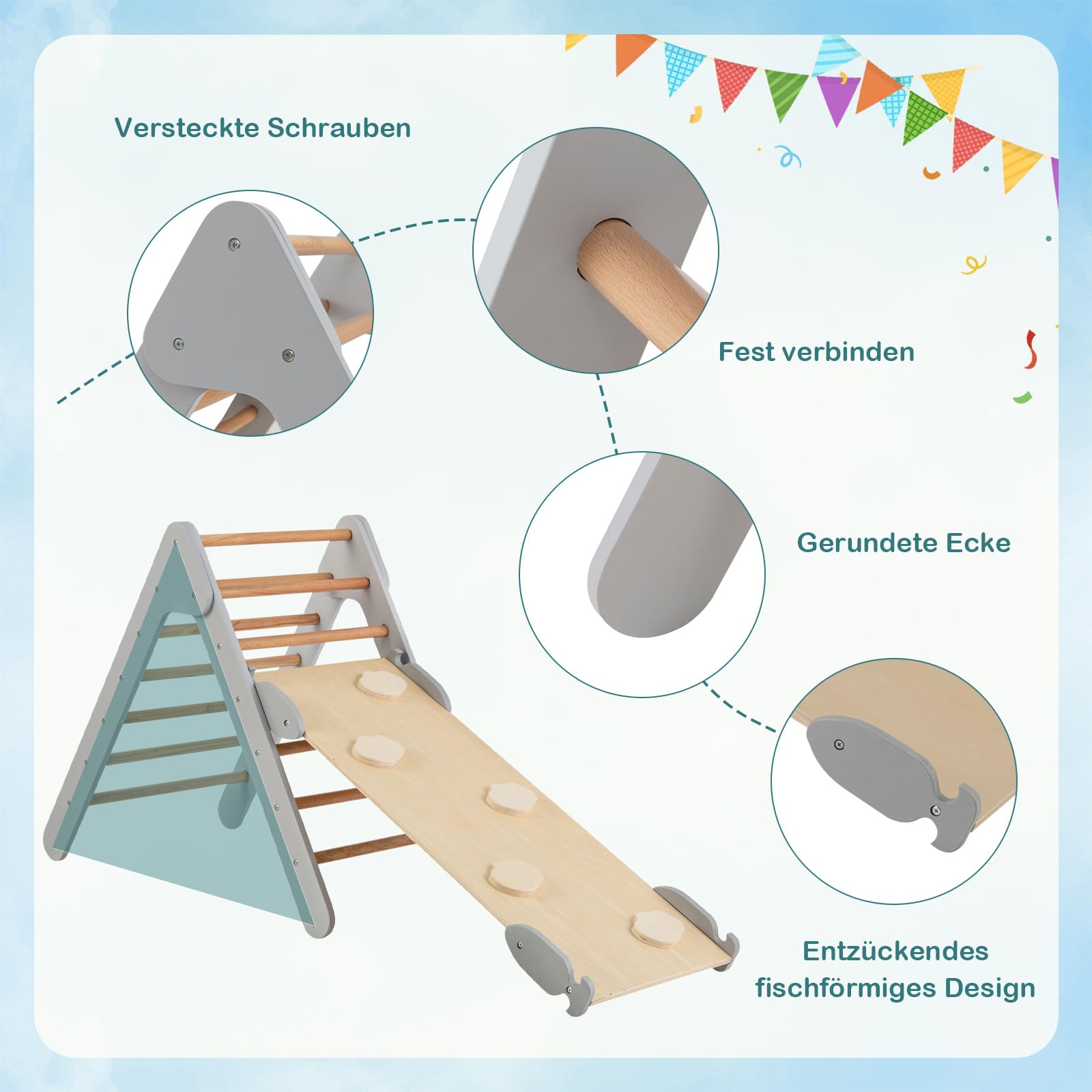 COSTWAY Kletterdreieck mit Rutsche, Klettergerüst Indoor ab 1 Jahr, Sprossendreieck Kletterrampe aus Holz, zum Klettern & Rutschen (Grau)