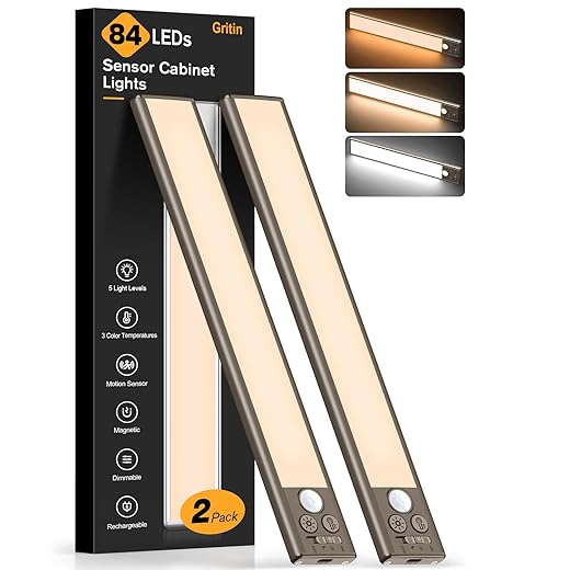 Gritin 10.2inch Under Cabinet Lighting Rechargeable -84 LED Super Bright,3-Color& 5 Level Brightness,4 Modes,Motion Sensor, Long Lasting- Easy Installation Magnetic Closet Lights -2 Pack-Bronze