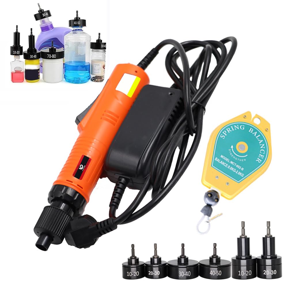 Tappatrice elettrica per bottiglie per tappi da 10-50 mm, tappatura a vite da 30 kg/f, 6 teste e tenditore, ideale per bottiglie di plastica