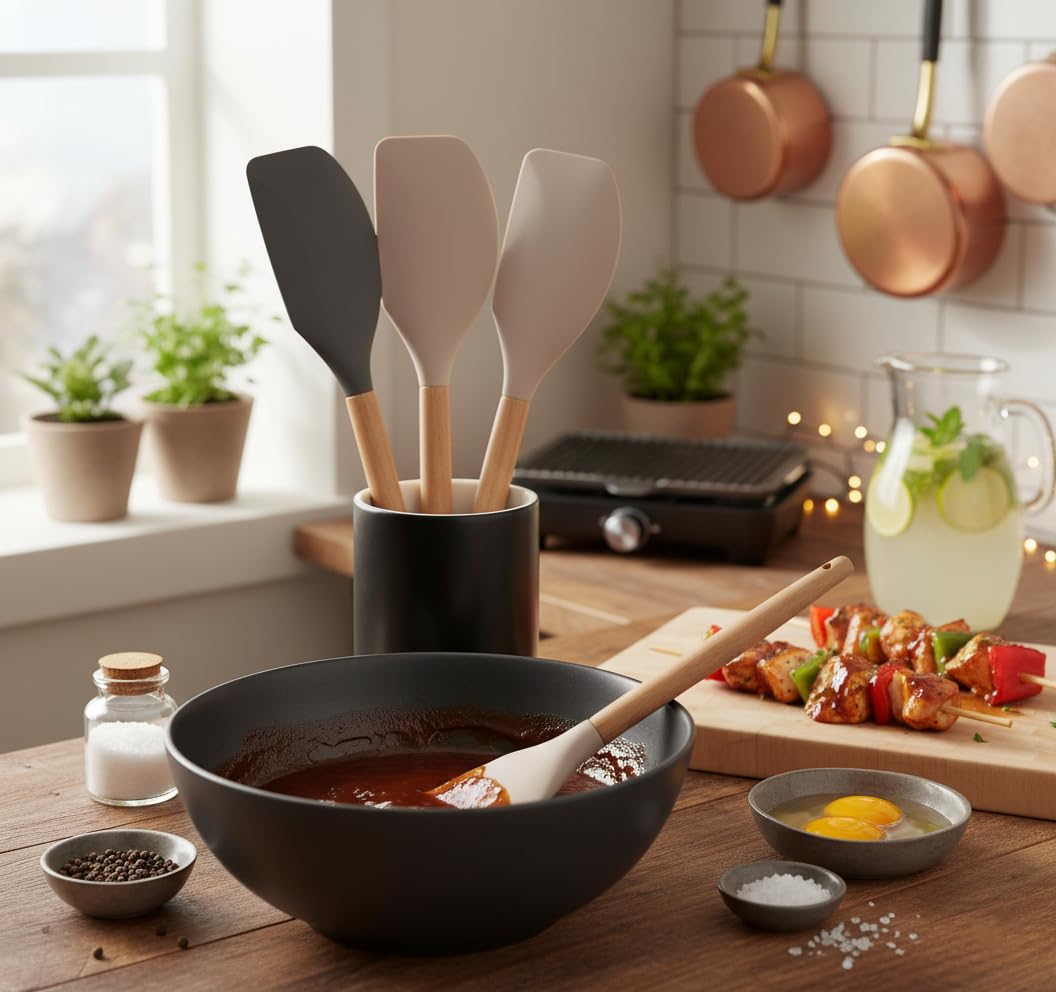 Deconox Bambu Saplı Silikon Dar Sıyırma Spatulası, Bambu Uzun Silikon Dar Spatula 27cm 3 Renk Seçenekli (KREM)