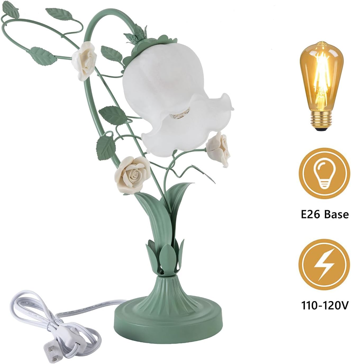Flower Glass Table Lamp Vintage Bedside Nightstand Lamp with 5.12-Inch Wide, Glass Lampshade, Pad Base Rose Light for Bedroom Office Dresser, E26 Bulb Not Included (Green &White)
