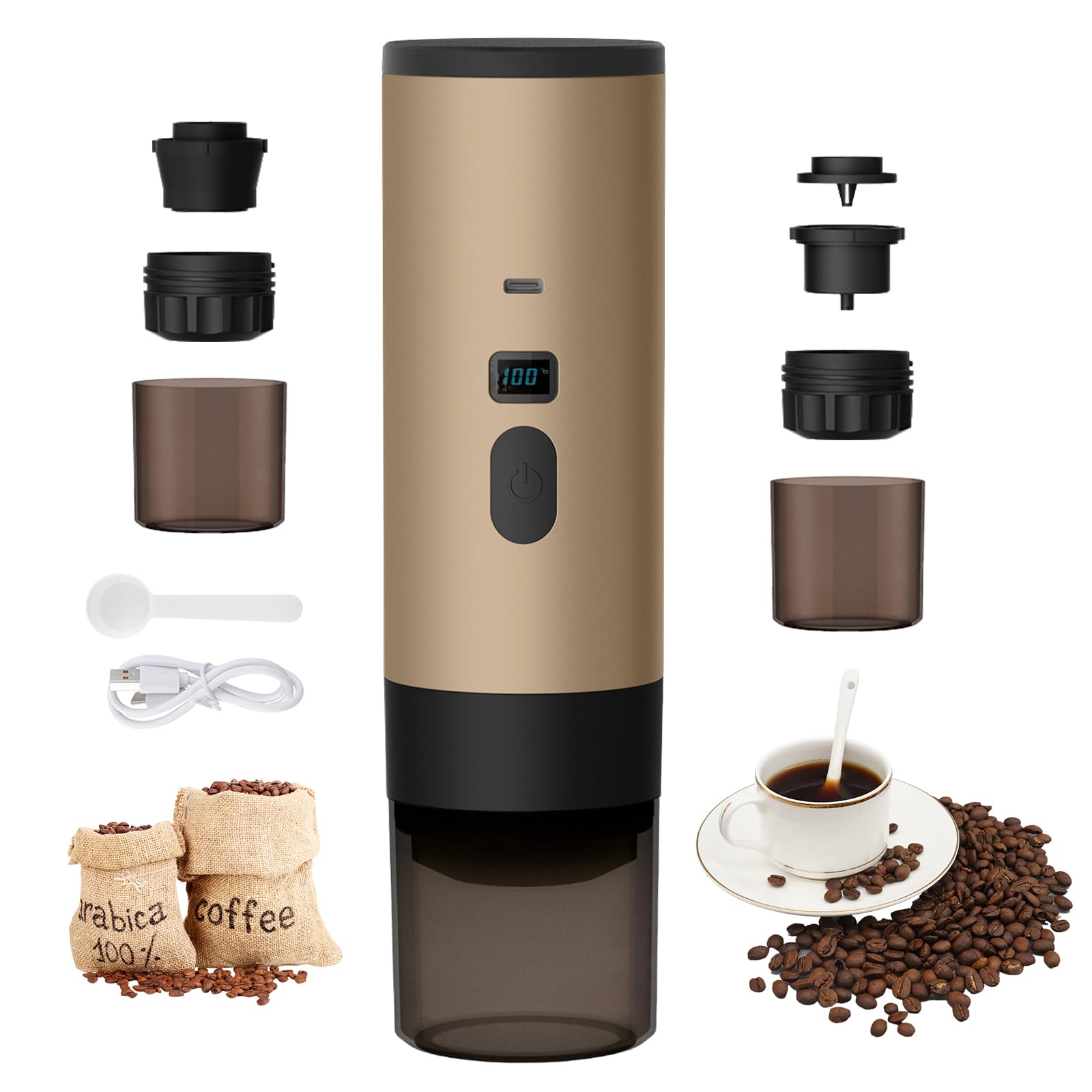 3 en 1 cafetera portátil, 72 W, cafetera, portátil, 12 V, café expreso recargable, USB, café espresso con cápsulas, depósito de agua, 90 ml, para oficina, camping, coche, viaje (Kaki)