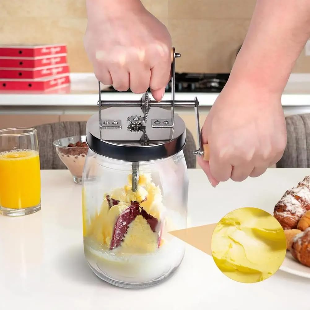 Buttermaschine mit Handkurbel, Manuelle Buttermaschine, Sahnemixer, Silikon-Lebensmittelrührwerkzeug, Einmachglas, Küchenzubehör, 1 L