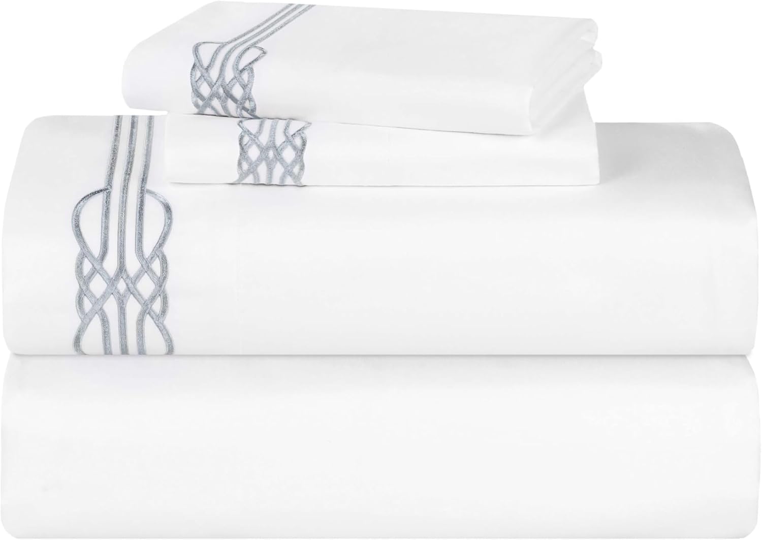 Superior Embroidered Cotton Bed Sheet Set, 1 Elastic Deep Pocket Fitted Sheet, 1 Flat Sheet, 2 Pillowcases, Daily Soft Sheets, Luxury, Elegant Design, Moonlawn Collection, King Size, White/Silver
