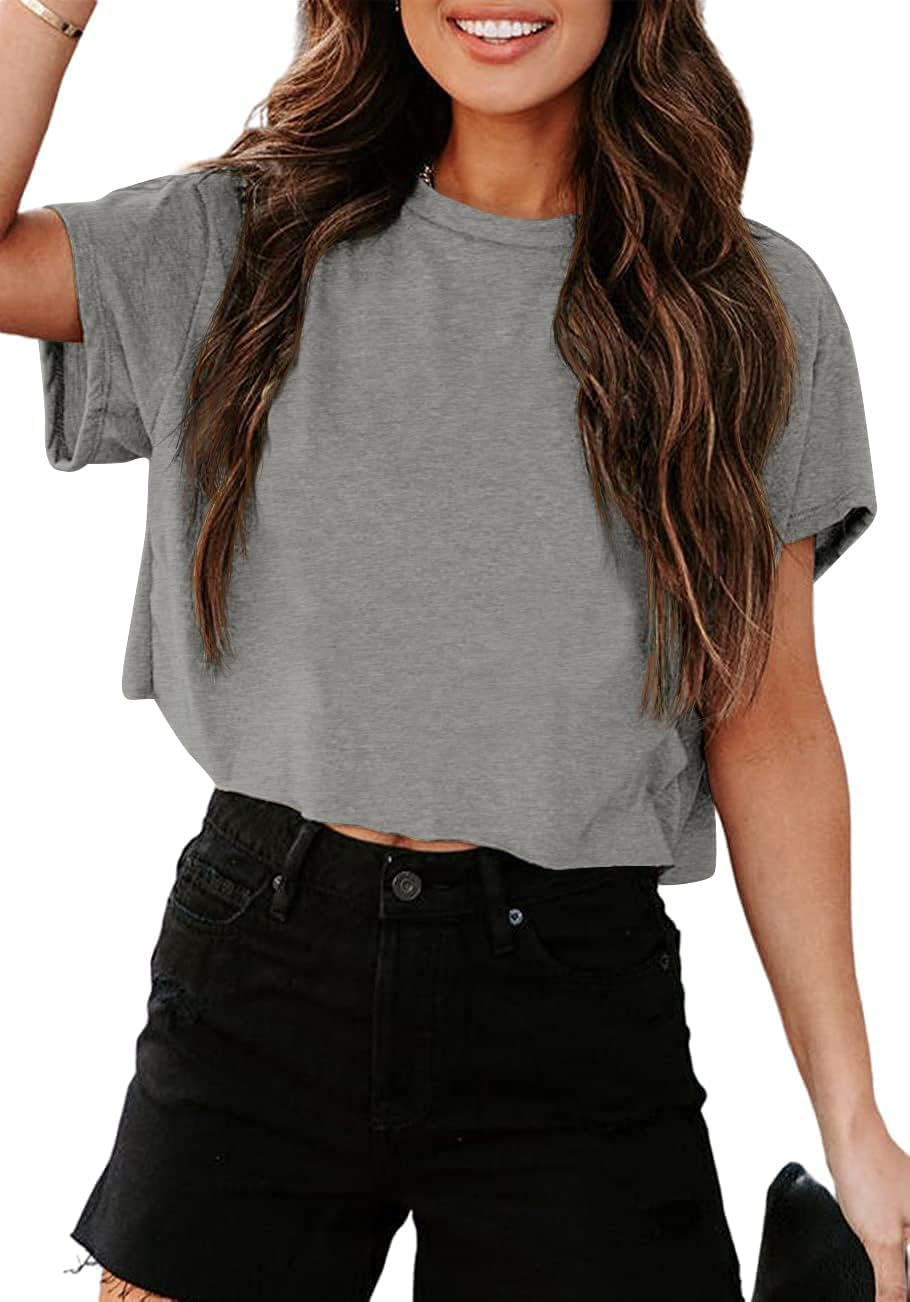 Tankaneo Women Short Sleeve Cropped T-Shirts Crew Neck Loose Crop Tops Summer Casual Drop Shoulder Basic Tees
