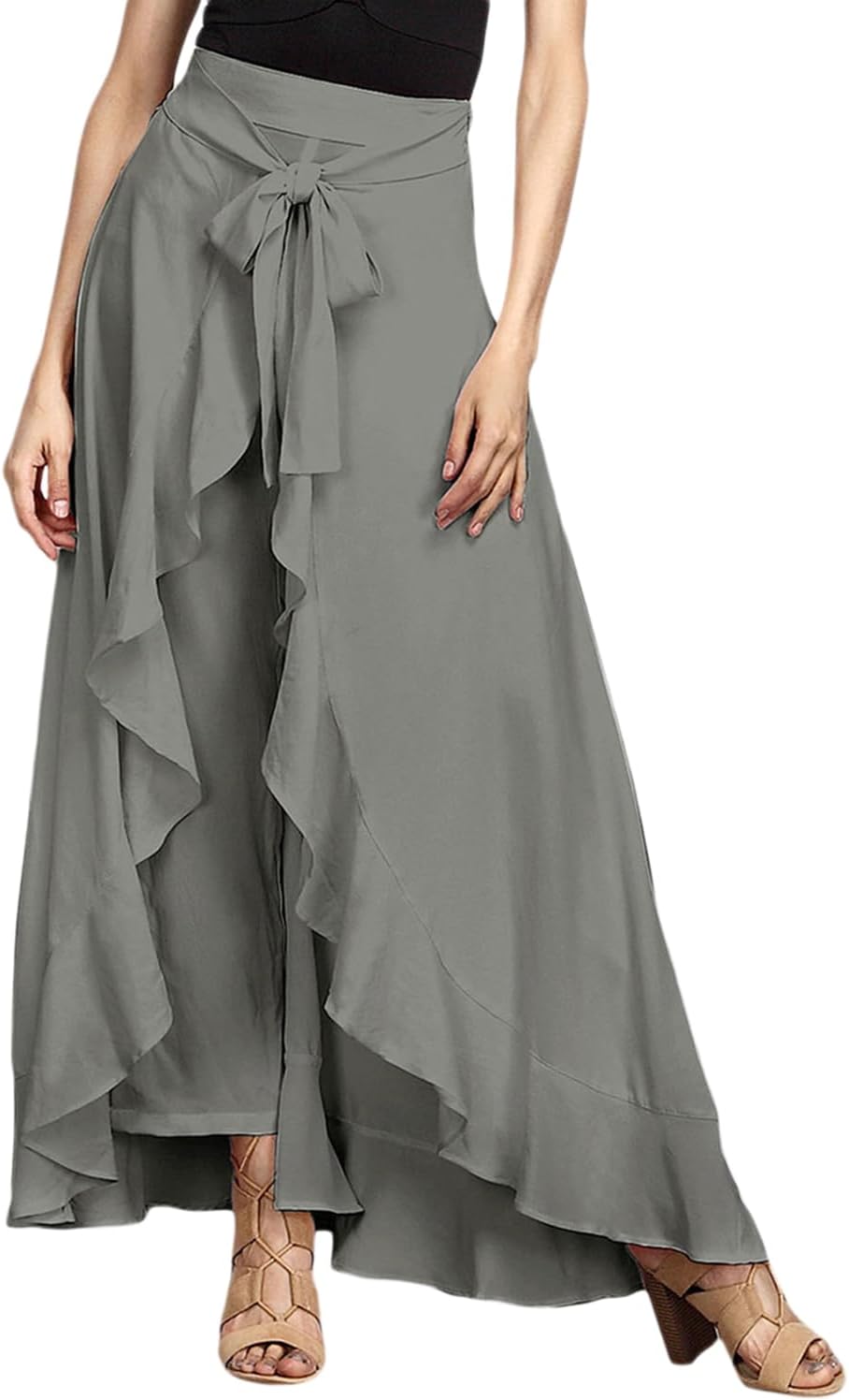 Women's Dressy Wide Leg Slacks Palazzo Pants Solid Belted Tie Knot Ruffle Skirts Relaxed Cocktail Party Dress Pants