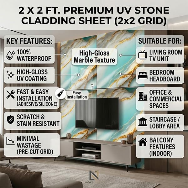 Image of OCEANSKY Aqua Blue Abstract Design Marble UV Panels, Pack of 1