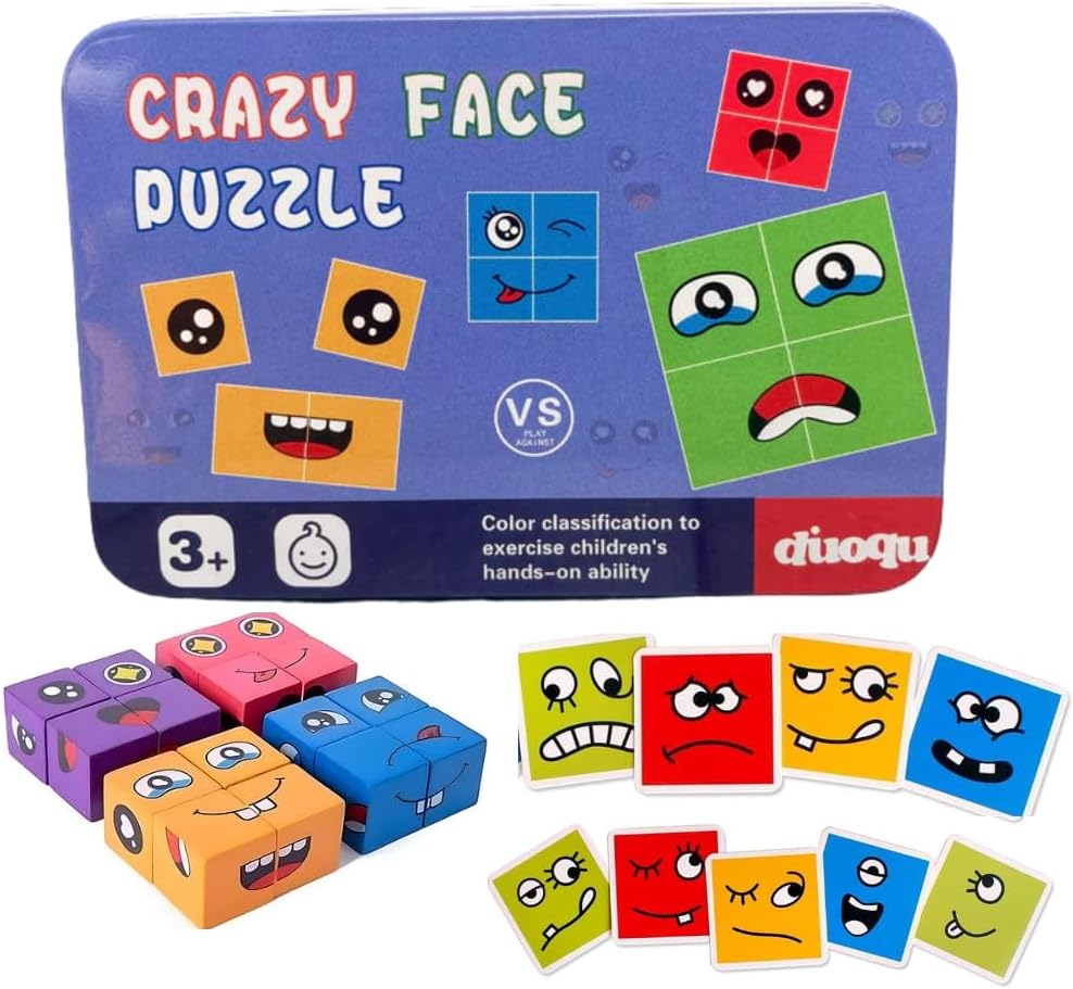 Kids Face Changing Magic Cube Puzzle for Kids, Rubik’s Cube Face Expression Toy 16 Wooden Puzzles and 72 Playing Cards Expression Matching Emoji Educational Toy