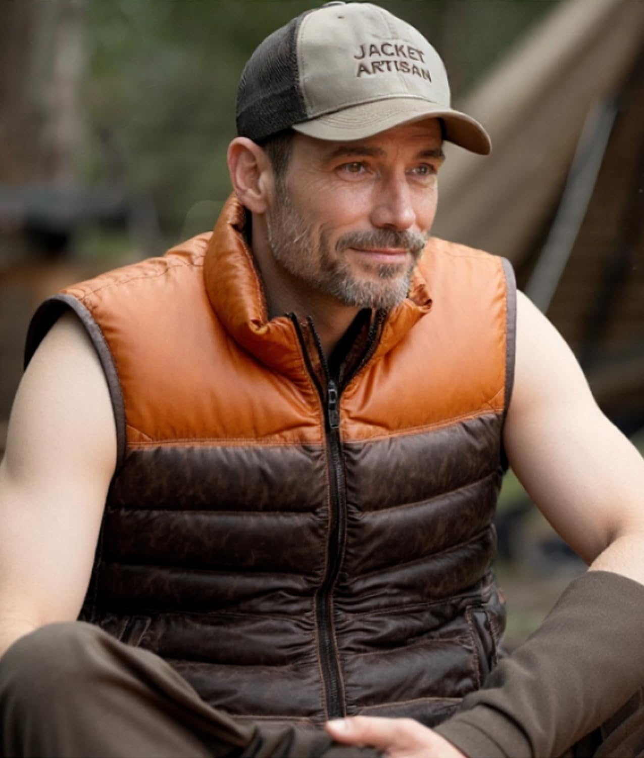 Leather Down Puffer Vest | Quilted Down Two Tone Tan and Brown Color | Outdoor Sleeveless Men's Vests - Image 3