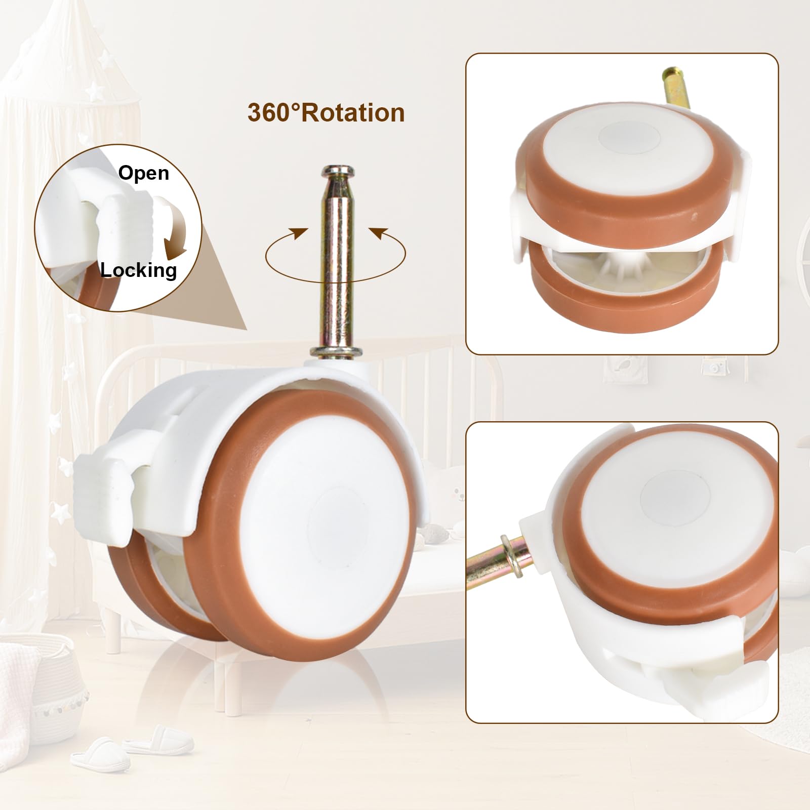 4 Piezas Ruedas para Muebles Infantiles, Cuna Rueda Universal Rueda Giratorias 360°, Silenciosas, con Ruedas Defreno, para Sofás Pequeños, Cuna, Cochecito Bebé, Cochecito Niño