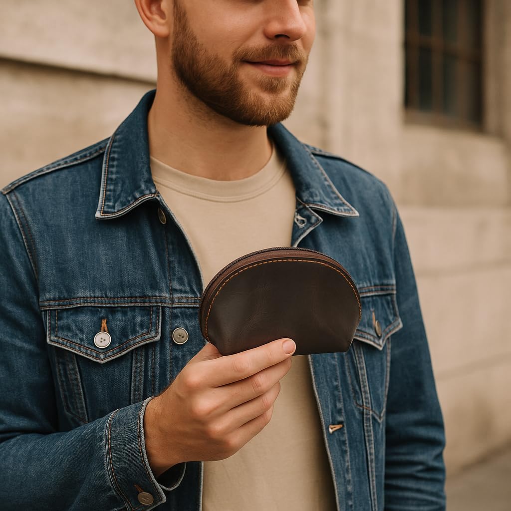 Leather Moon Pocket Coin Case, Mini Squeeze Coin Purse Pouch for Change, Dark Brown Leather Coin Holder Tray, Compact Wallet for Men & Women, Stylish & Durable, Elegant Coin Purse