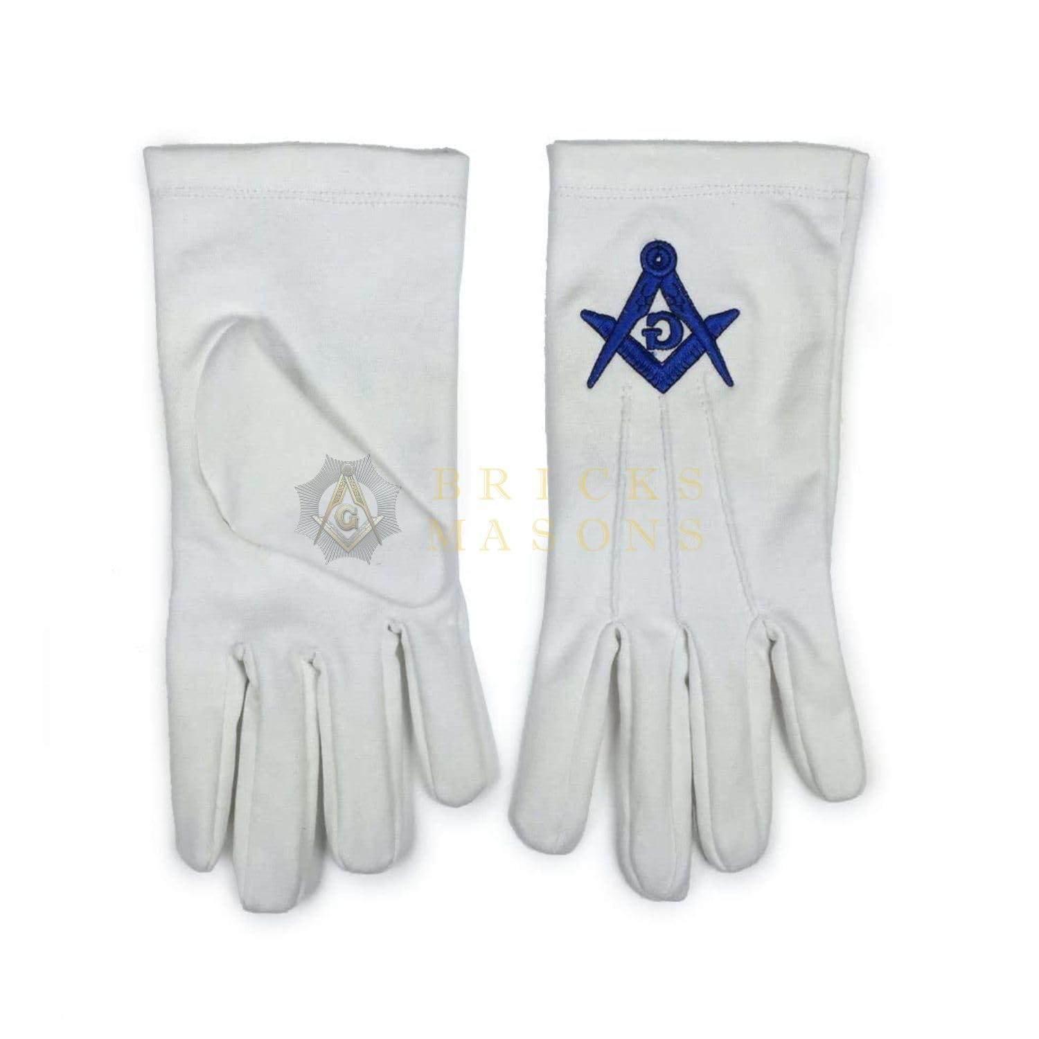 Bricks Masons Masonic 100% Cotton Gloves Square Compass & G Blue Machine Embroidery, Xx-Large