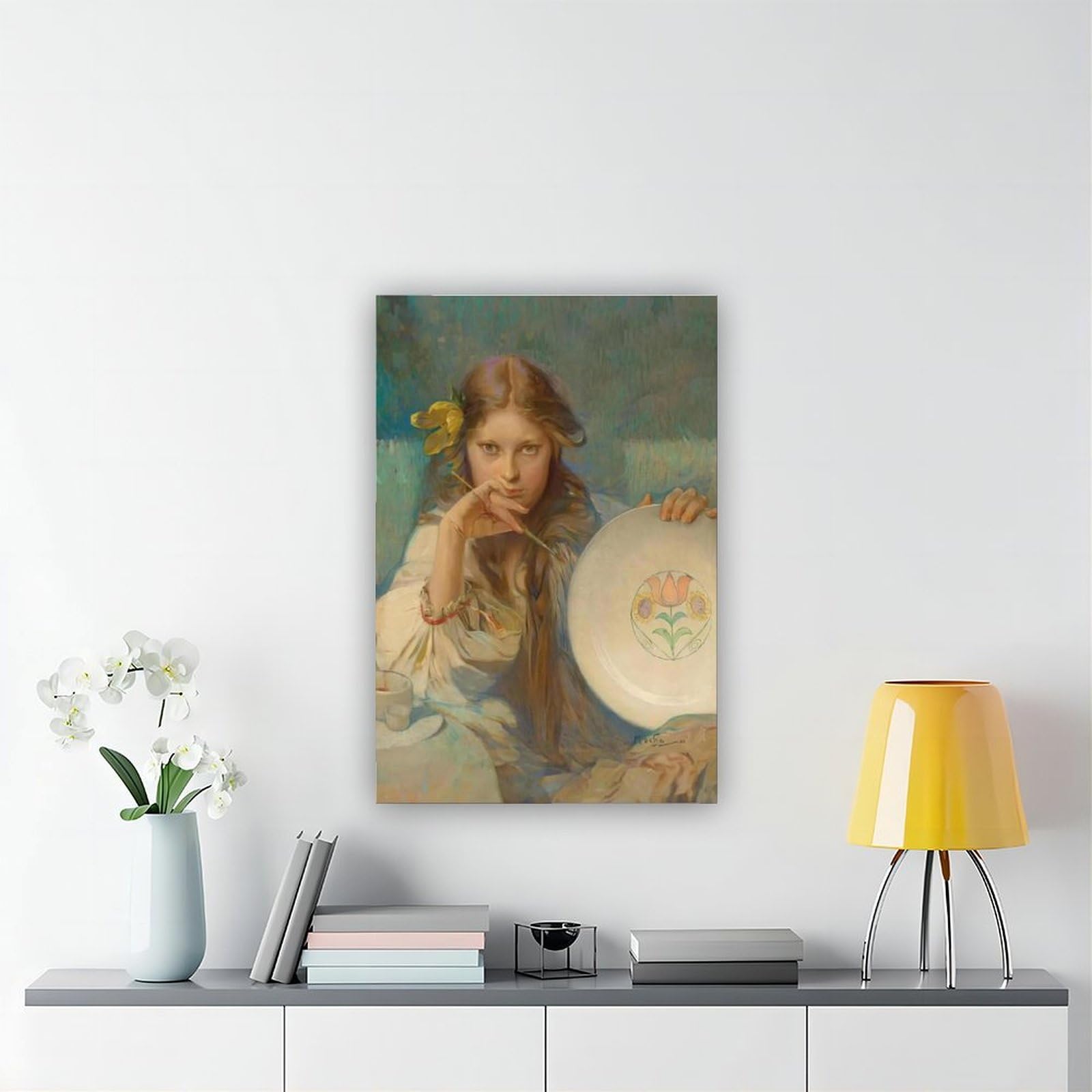 Stampa artistica da parete con ragazza con un piatto con motivo folk, stampa artistica da parete per soggiorno, camera da letto, decorazione 61 cm L x 91,4 cm W