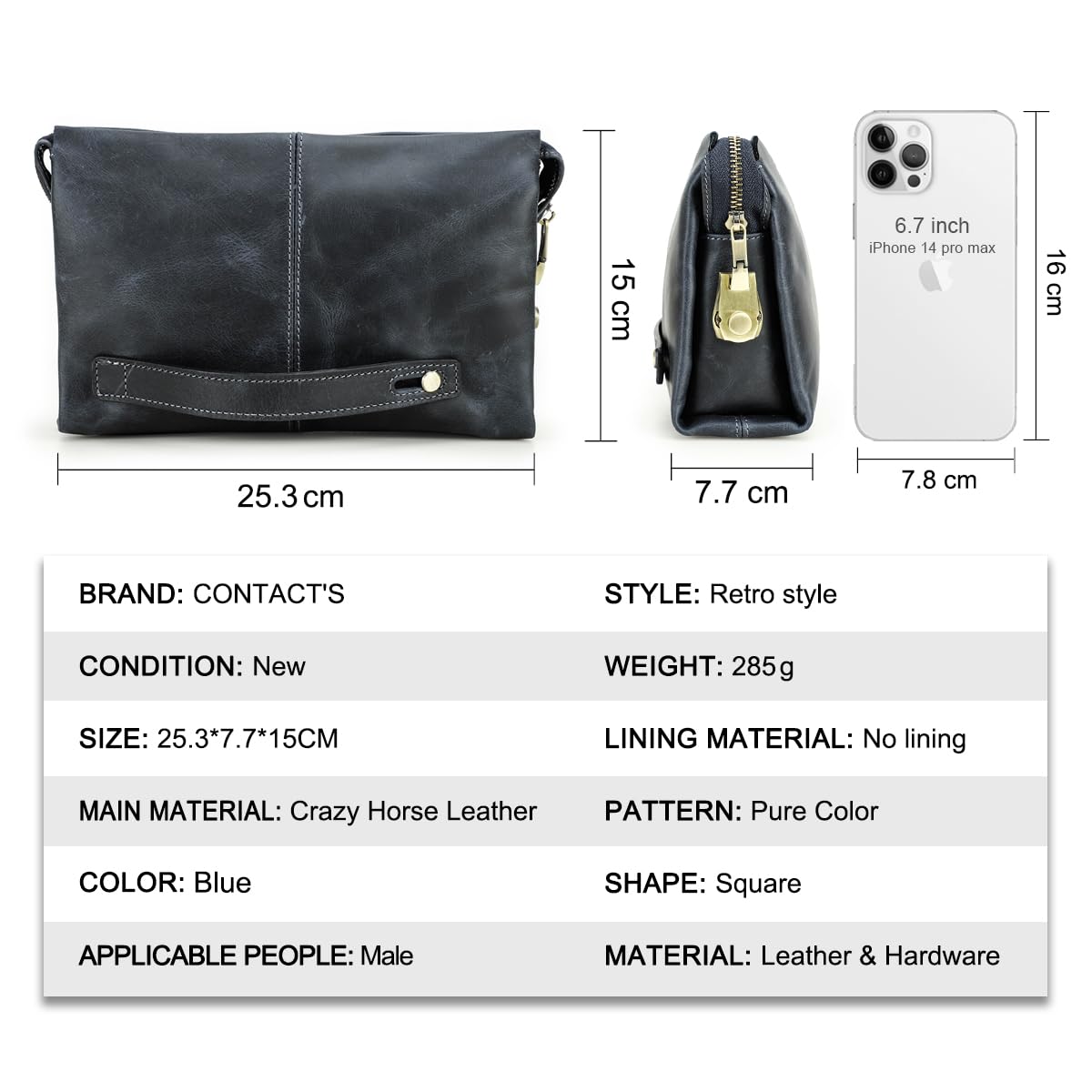 Contacts Organiseur de carte d'identité en cuir véritable pour homme, grande capacité avec verrou antivol pour passeport, téléphone portable, sac à main avec dragonne, bleu 1