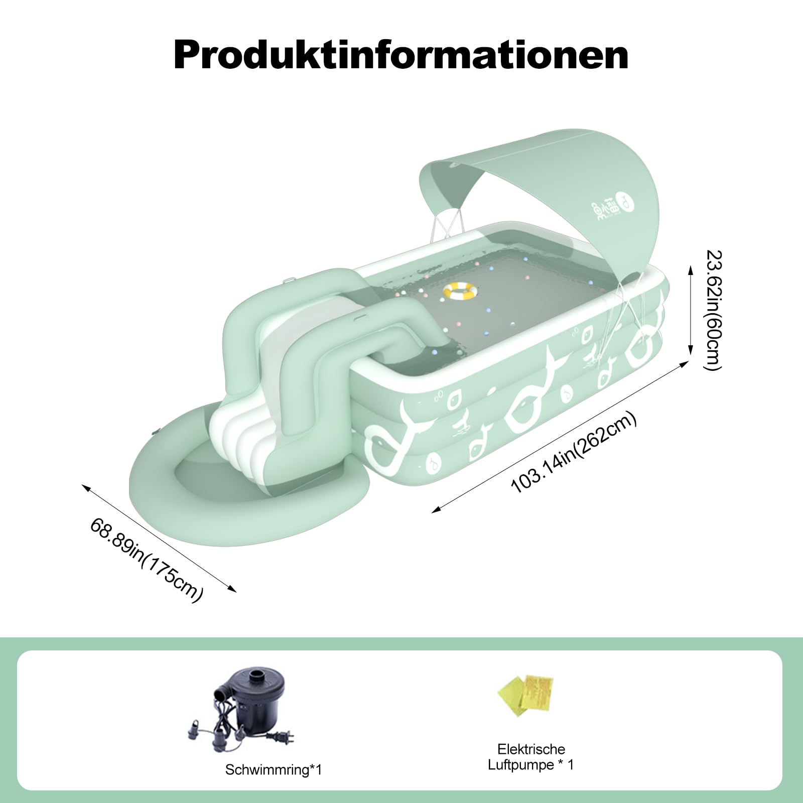 Ergocar schattiges Sommerschwimmbad. Das aufblasbare Außenschwimmbecken verfügt über eine eingebaute Rutsche. Oberirdische Schwimmbecken für Kinder und Erwachsene.