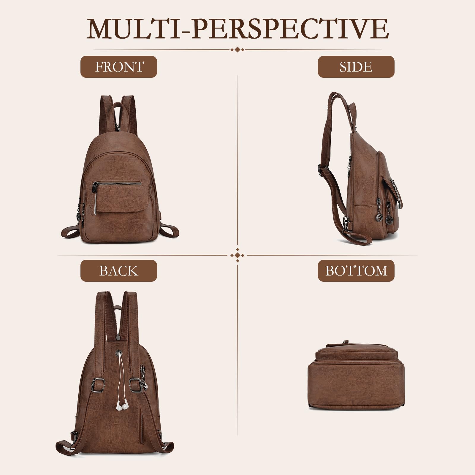 Mochila pequeña para mujer, de piel sintética, convertible