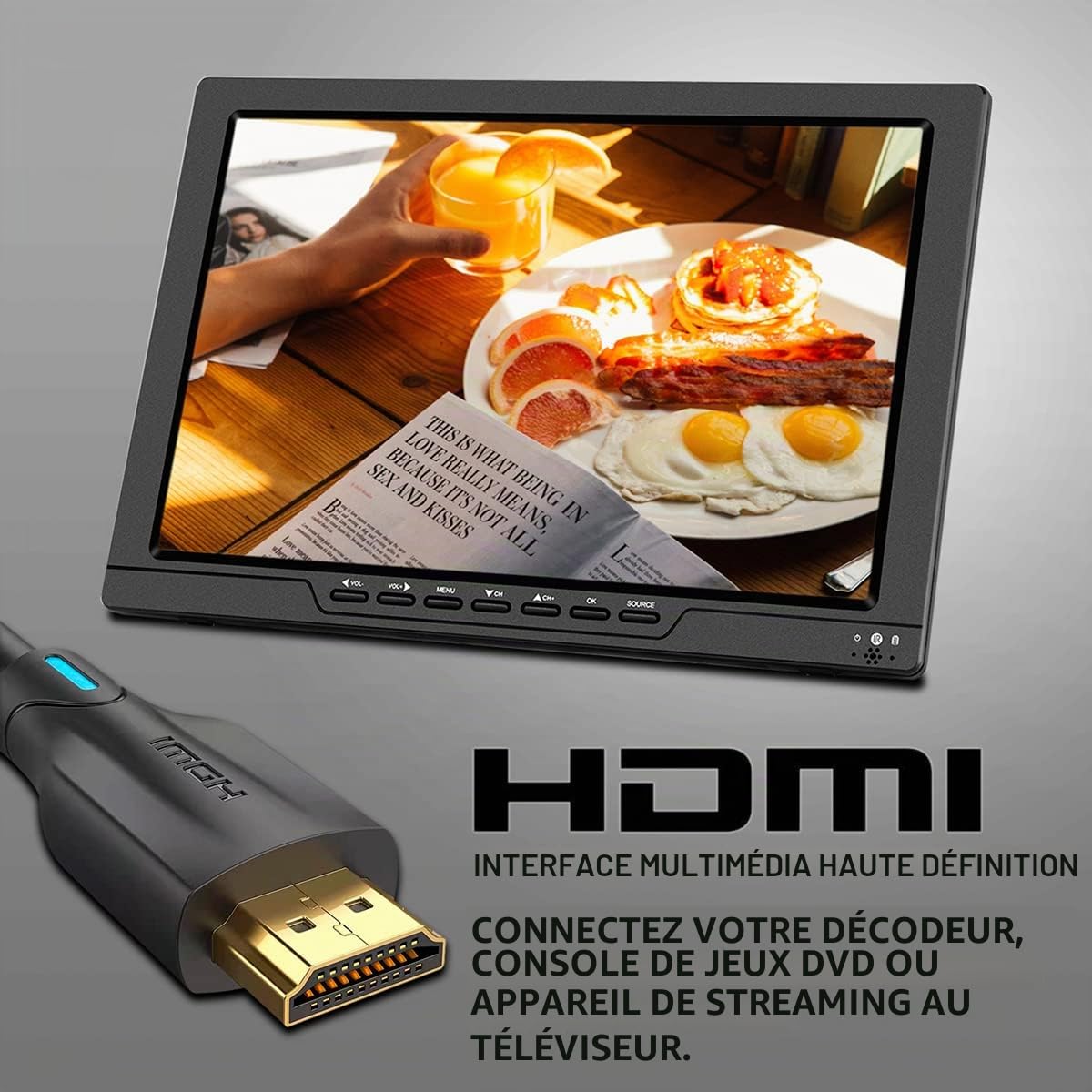 SOYAR TV numérique Portable DVB-T2, LCD 14,0 Pouces, Batterie Rechargeable, Mini TV freeview, Prise USB, télécommande, entrée AV, HDMI-in.