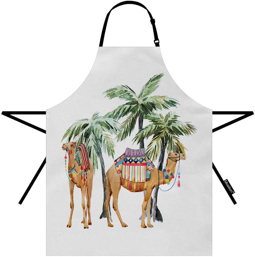 MoslionCamel Apron 31x27 Inch Wild Animal Tropical Desert Camels in Bohemian Clothes Under Palm Trees Kitchen Chef Waitress Cook Aprons Bib with Adjustable Neck for Women Men Girls