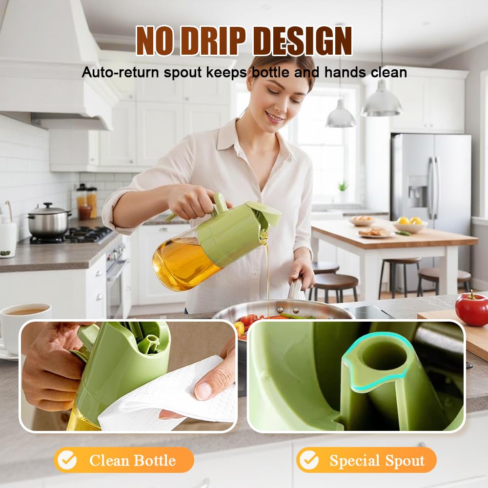 2-in-1 Glas-Ölsprüher und -spender, 2024 Upgrade, große 600 ml Olivenölspenderflasche für Küche, Lebensmittelqualität, Ölnebel, Sprühflasche zum Kochen, Luftfritteuse, Braten, Grillen (Grün, 600 ml)