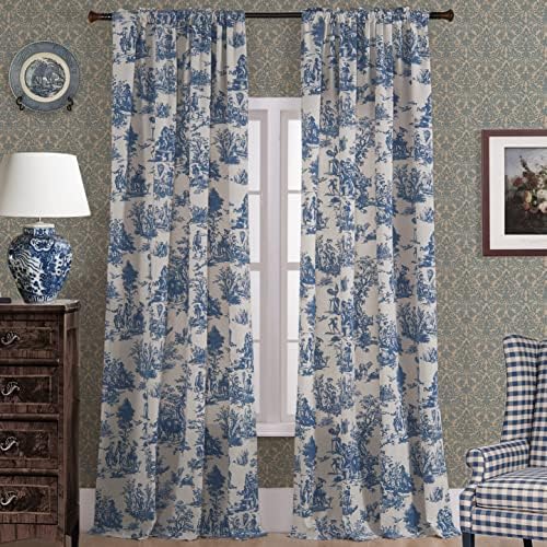 Blue Toile Window Curtains Drapes for Living Room 84 Inch Length 2 Panels Set Long Sheer Cotton Textured French Country Floral Vintage Victorian Semi Blackout Farmhouse Darkening Curtain for Bedroom