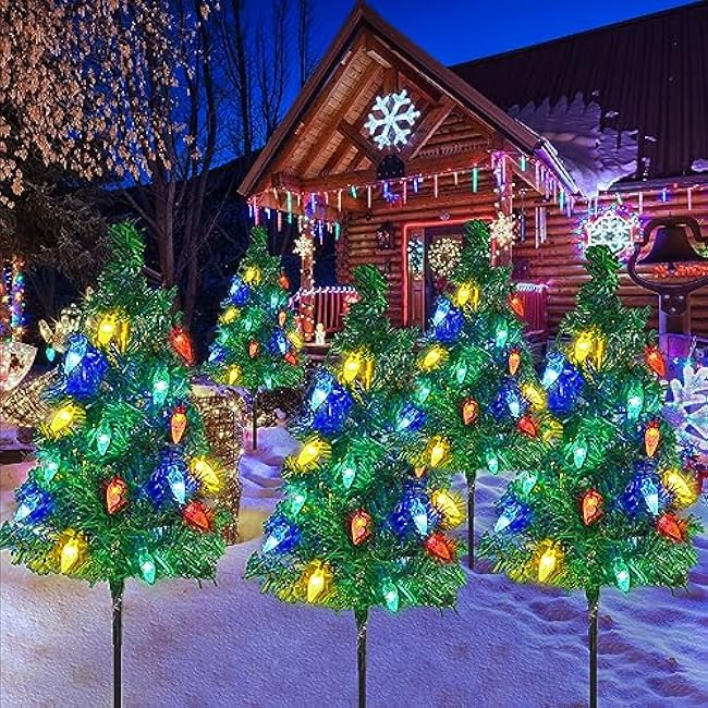 Outdoor Christmas Decorations Solar Christmas Tree with 4 Set Christmas Tree 80pcs Multicolor C6 Led Lights 8 Lighting Modes Waterproof Pathway Lights for Outside Garden and Yard