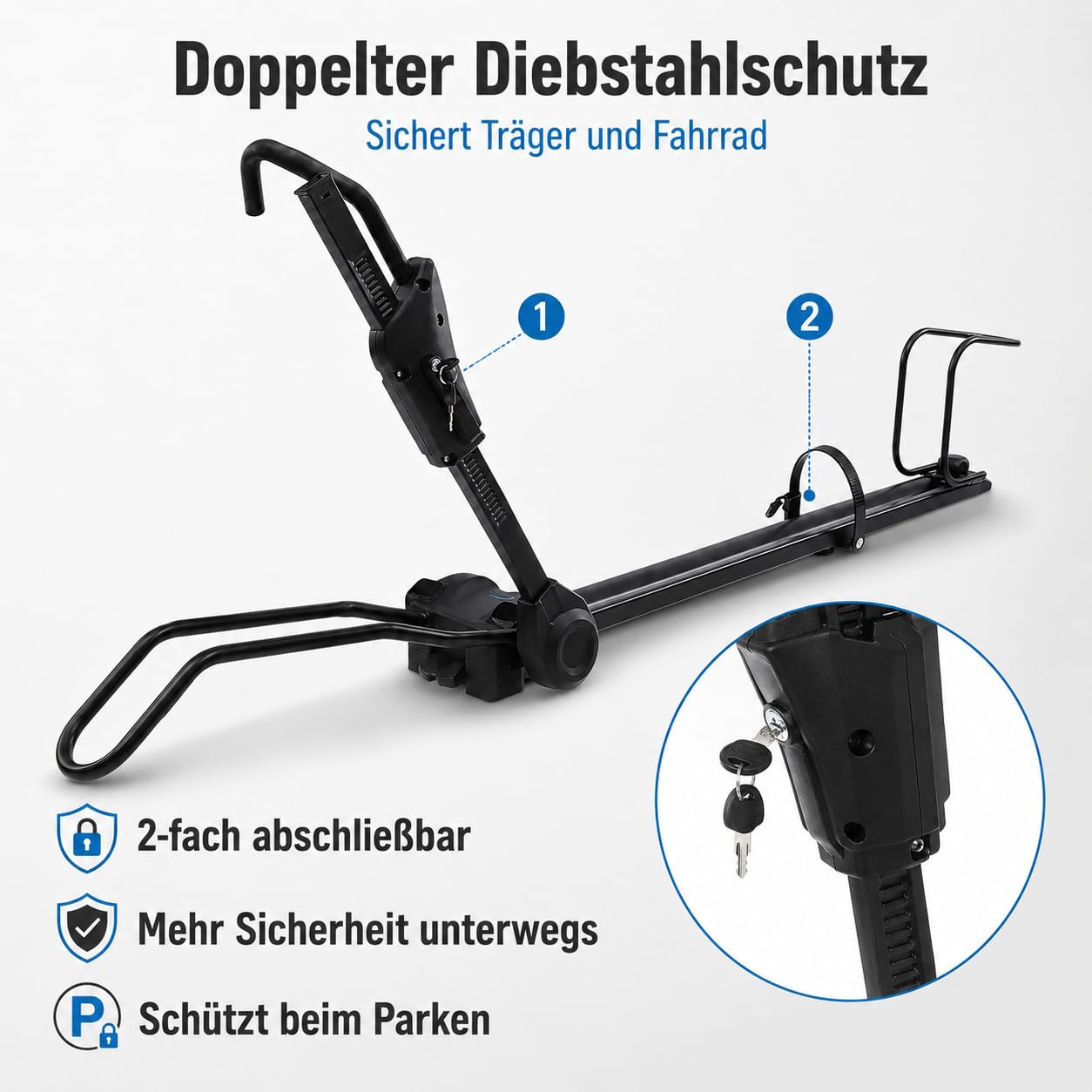 Fahrrad Dachträger E-Bike mit Diebstahlschutz für Auto SUV bis 38 Zoll | Mit Doppelverriegelung und Vierpunkt-Befestigung Einstellbare Höhe 75-98cm für sicheres Transportieren